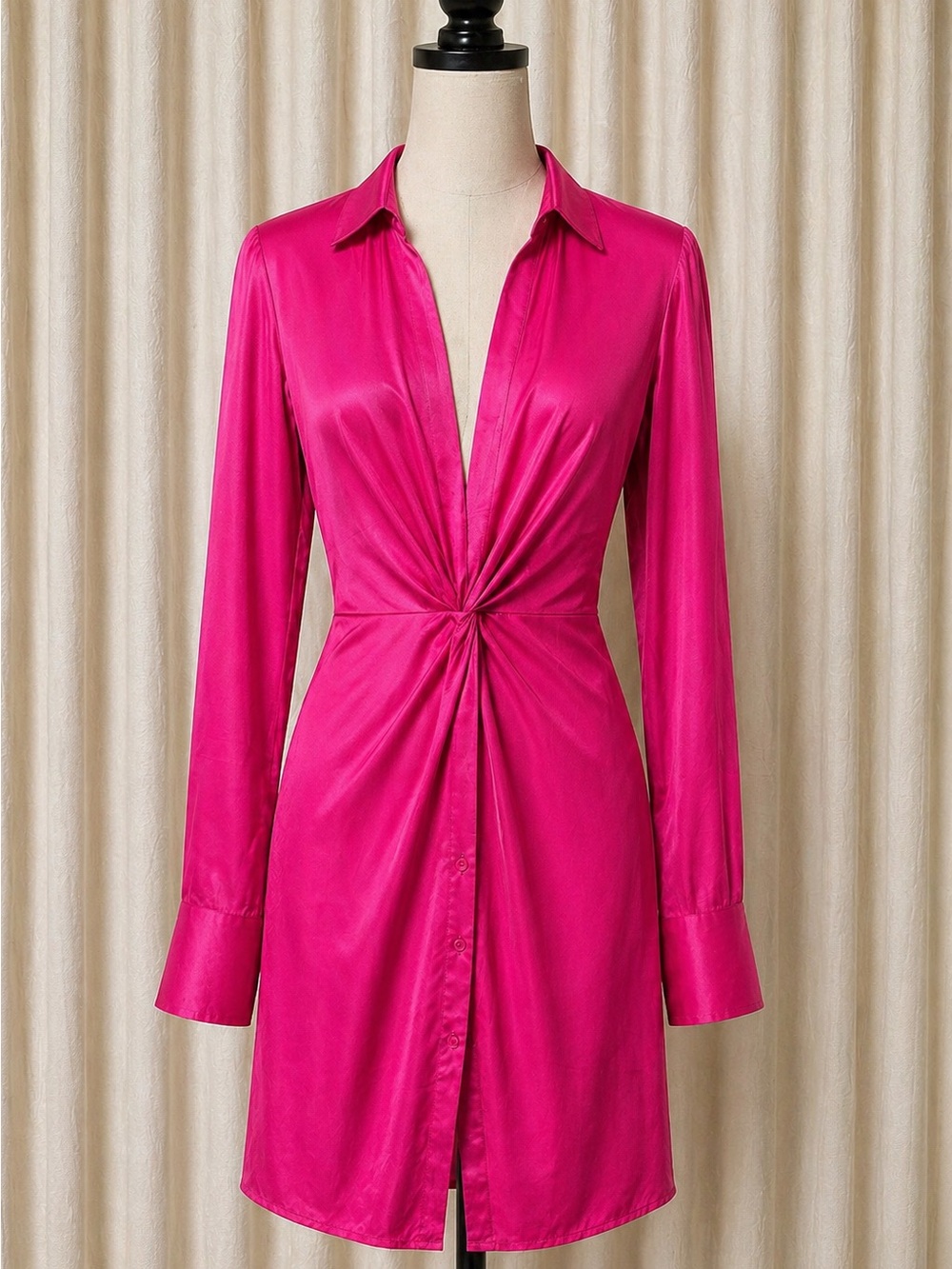 Zara Hot Pink Satin Twist-Waist Shirt Dress